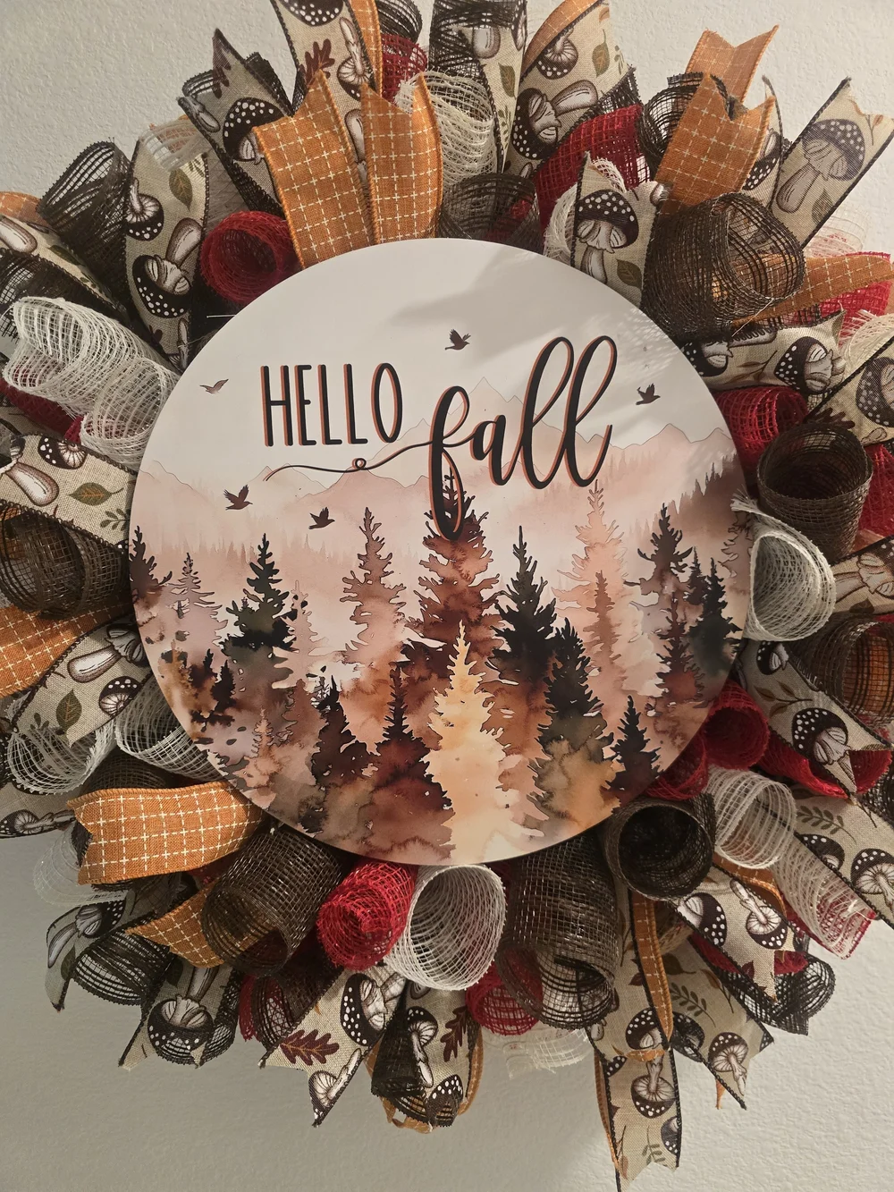 W154 Hello Fall Autumn Woodland Wreath Handmade fall wreath featuring a